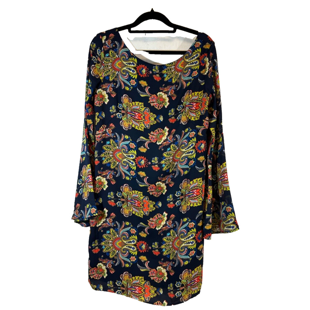 NEW Renn Floral S Dress Navy FloralPrint Slip Shift Bell Sleeve Low Back C11 +